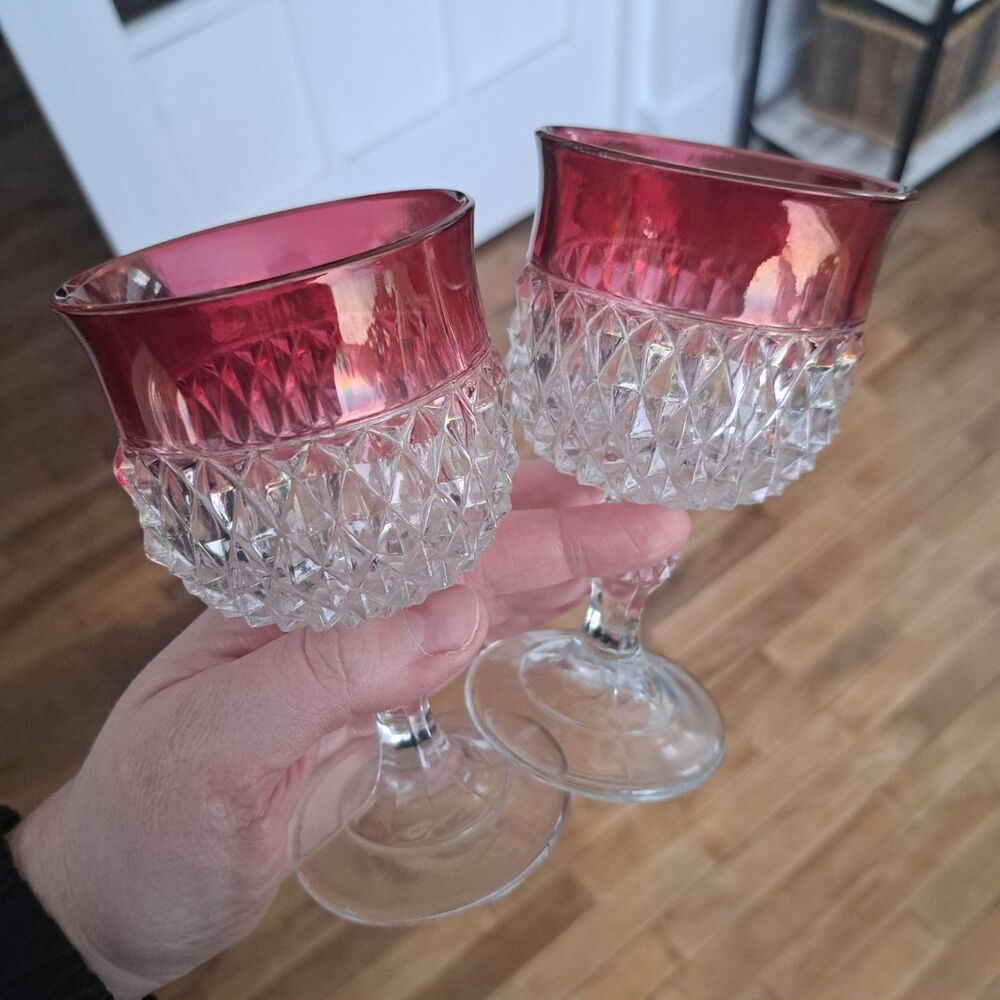 Vintage Set Of 2 Diamond Point Ruby Pink Water Wine Crystal Goblet Indiana Glass
